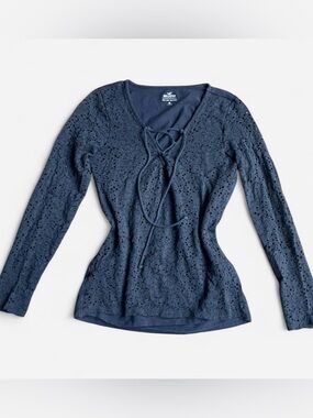 Hollister Black lace up long sleeve top w Tie Front Detail Lace Sleeves Sz L